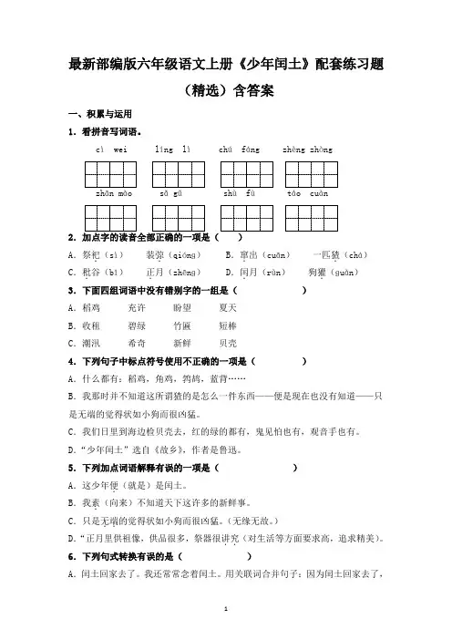 最新部编版六年级语文上册《少年闰土》配套练习题(精选)含答案
