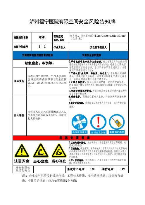 冻库有限空间风险告知牌