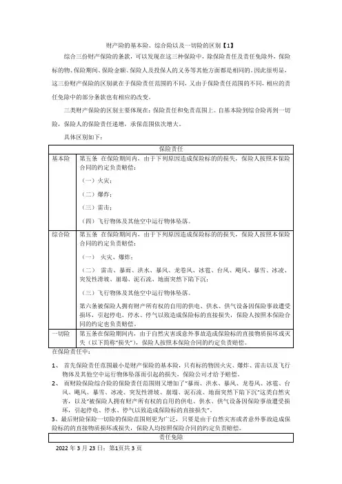 财产险的基本险、综合险以及一切险的区别S