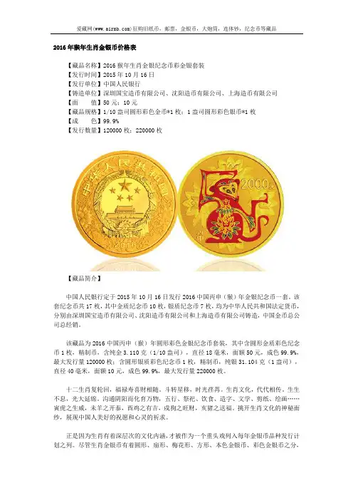 2016年猴年生肖金银币价格表