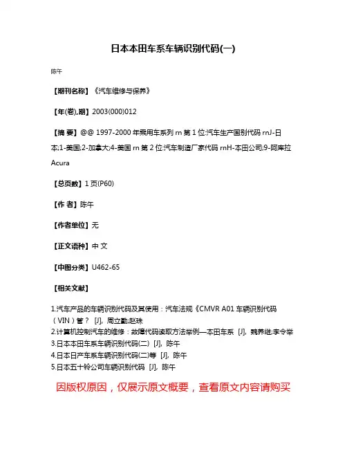 日本本田车系车辆识别代码(一)