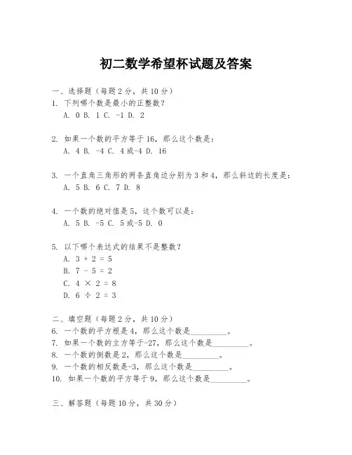 初二数学希望杯试题及答案