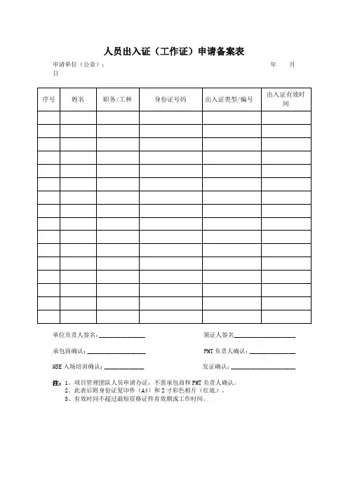 工程、工厂、公司人员进出登记管理表格