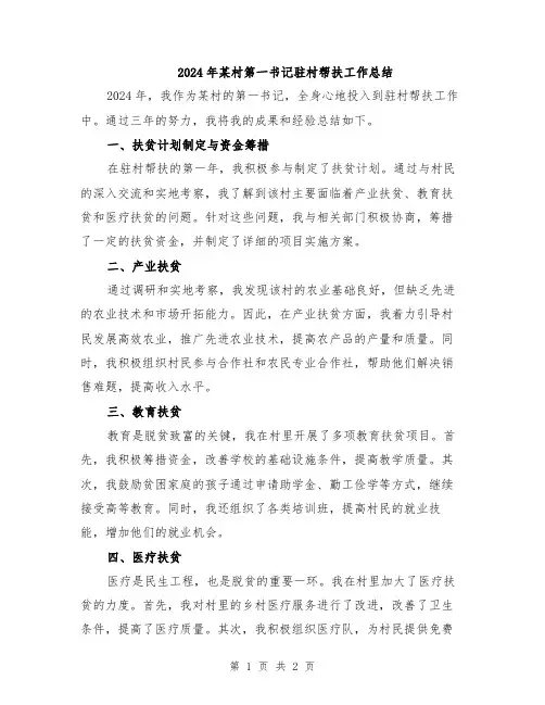 2024年某村第一书记驻村帮扶工作总结
