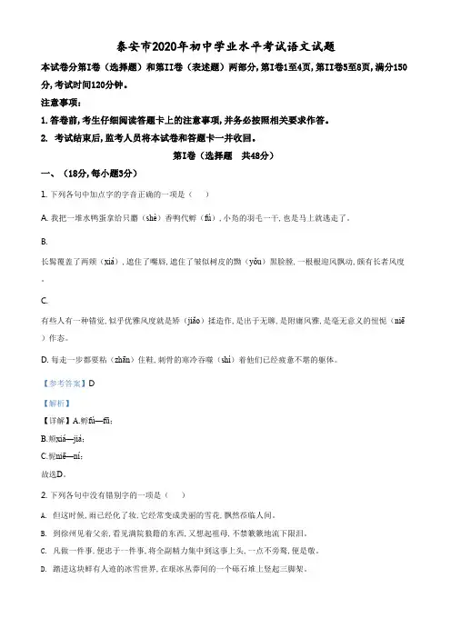 精品解析：山东省泰安市2020年中考语文试题(解析版).pdf