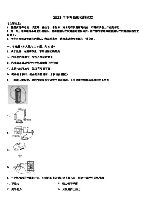 2023届黑龙江省大庆市第六十九中学中考一模物理试题含解析