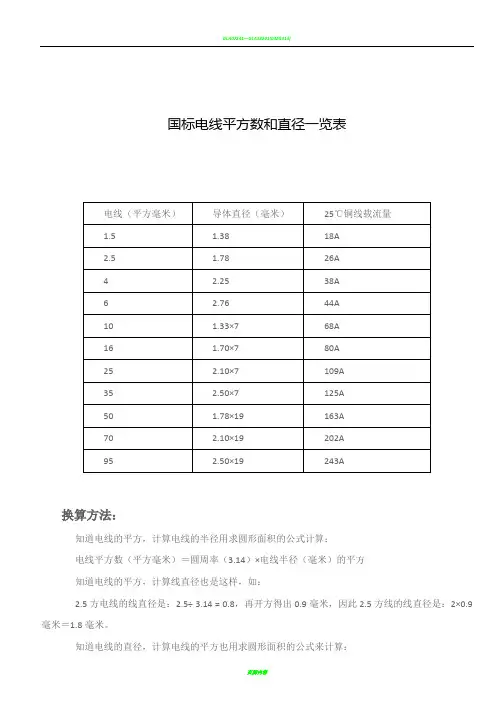 国标电线平方数和直径一览表