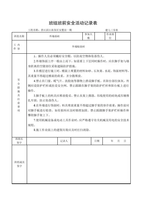 班组班前活动记录表(面砖)