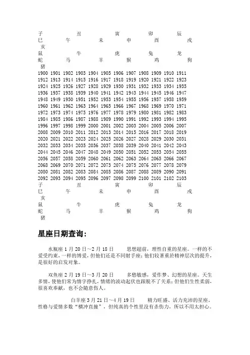 1900年-2103年十二生肖属相年份对照表和星座日期查询表及出生时辰分析