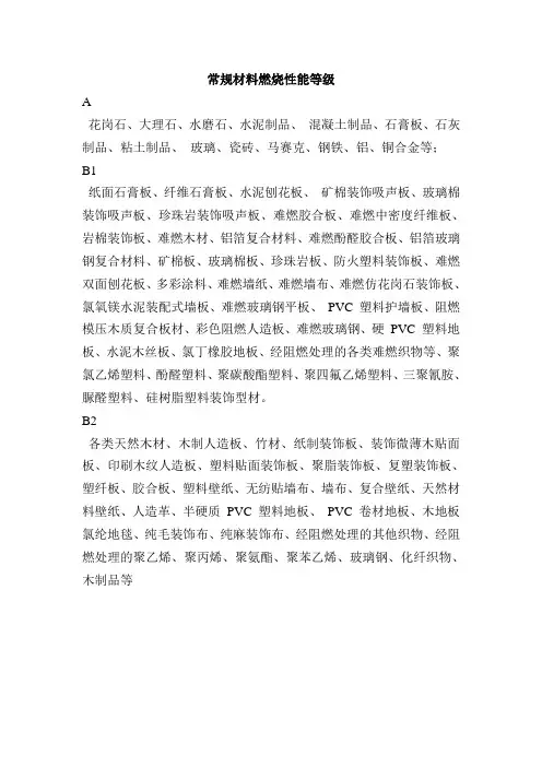 常规材料燃烧性能等级