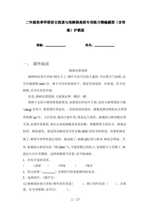 二年级秋季学期语文阅读与理解提高班专项练习精编题型(含答案)沪教版