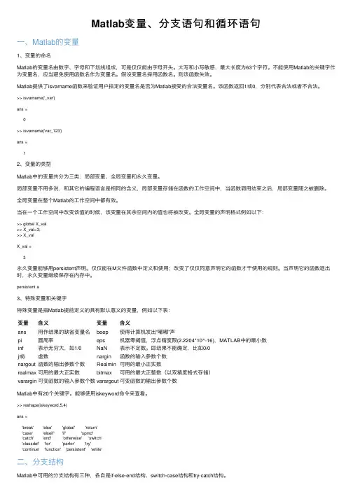 Matlab变量、分支语句和循环语句