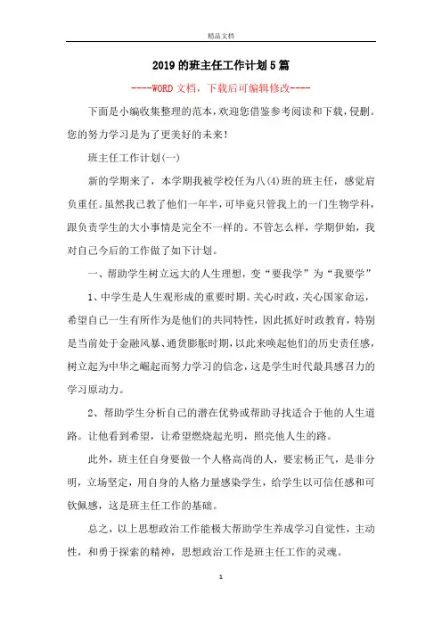 2019的班主任工作计划5篇