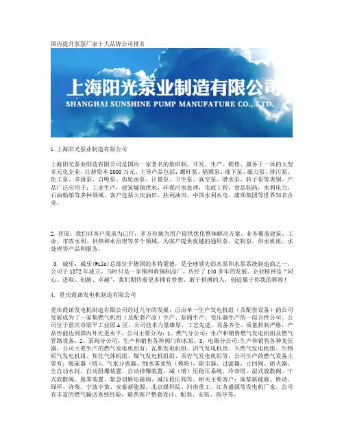 国内提升泵泵厂家十大品牌公司排名