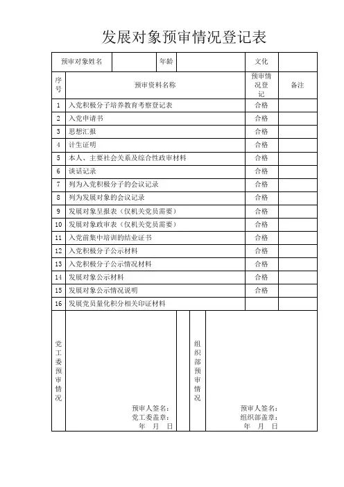 发展对象预审情况登记表