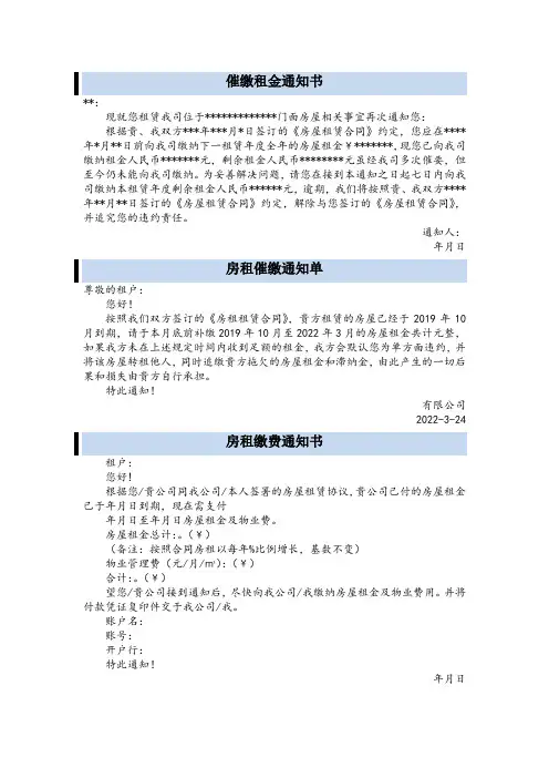 催缴房租通知函共3篇