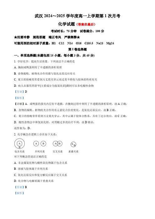 湖北省武汉市2024-2025学年高一上学期第一次月考化学试题含答案