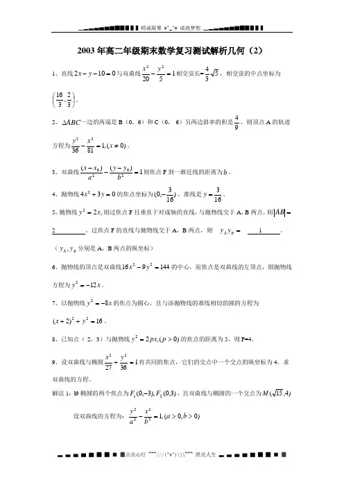 2003高二级期末数学复习测试解析几何(2)答案