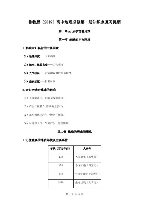 鲁教版(2019)高中地理必修第一册知识点复习提纲