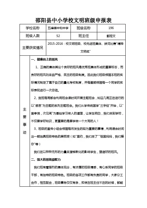 邵阳县中小学校文明班级申报中和中学196班