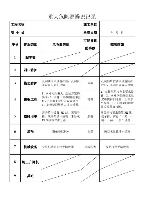 重大危险源辨识记录(空白)