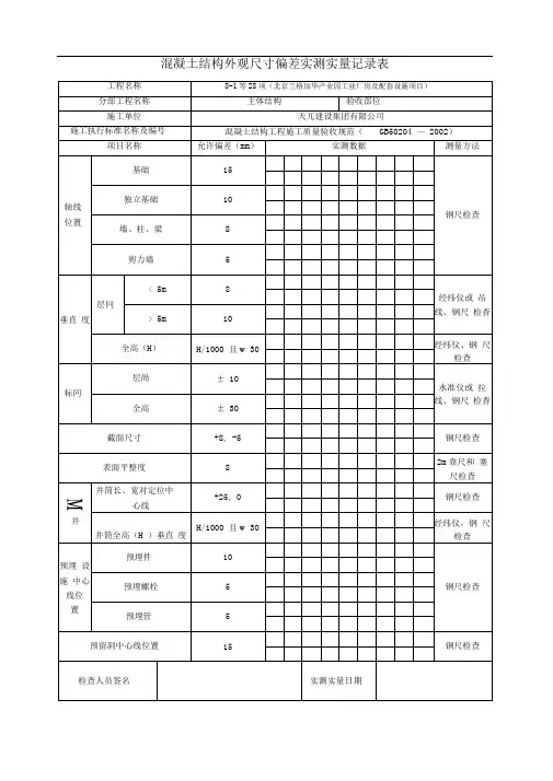 混凝土结构外观尺寸偏差实测实量记录表