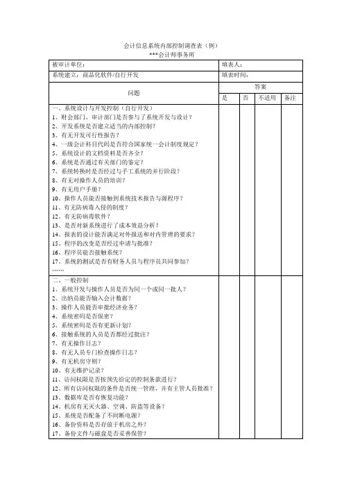 网络审计、会计信息系统内部控制调查表