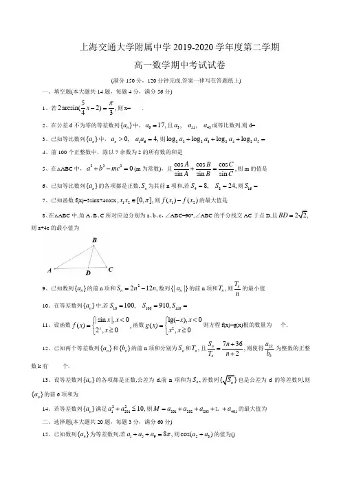 上海市交通大学附属中学2019-2020学年高一下学期数学期中考试卷(word,简答)