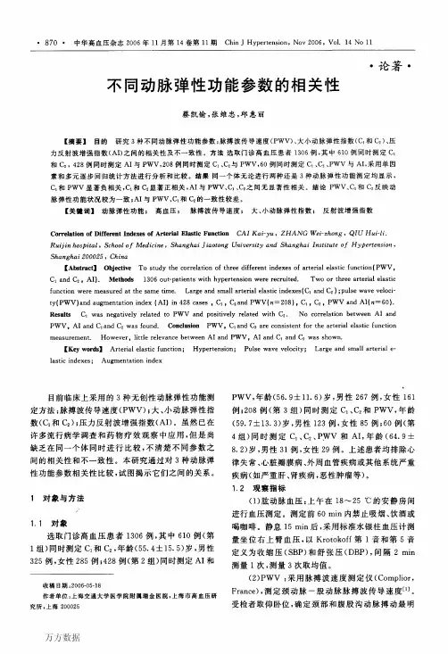 不同动脉弹性功能参数的相关性