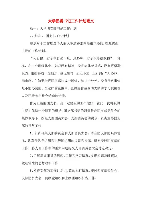 2020年大学团委书记工作计划范文