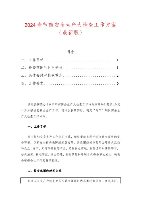 2024春节前安全生产大检查工作方案(最新版)