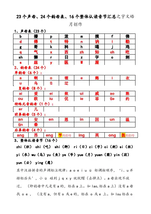 汉语拼音23个声母、24个韵母表、16个整体认读音节汇总