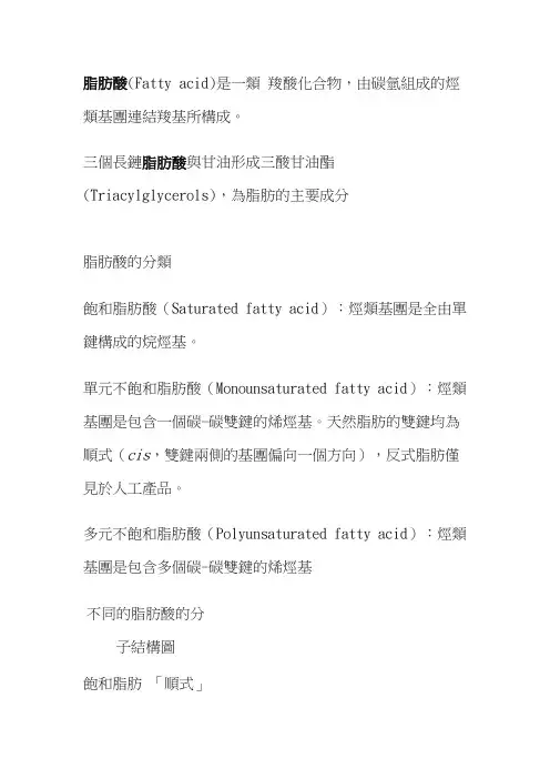 脂肪酸(Fatty acid)是一类羧酸化合物,由碳氢组成的烃类基团连结羧基