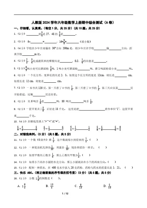 人教版2024学年六年级数学上册期中综合测试(A卷)