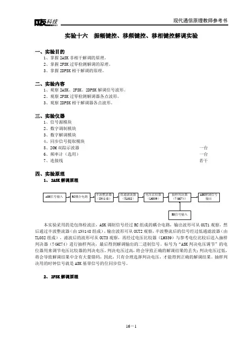 振幅键控、移频键控、移相键控解调实验