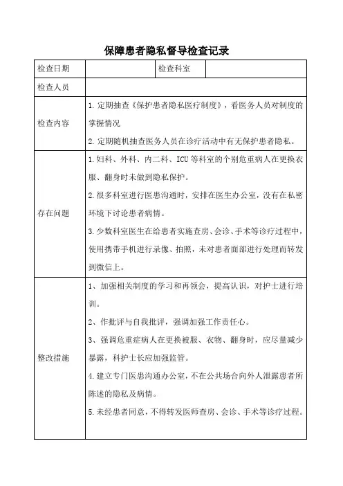 保障患者隐私督导检查记录