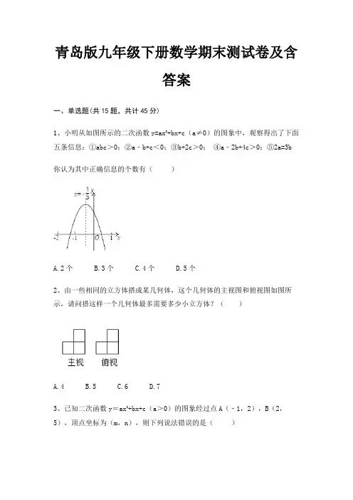 (精练)青岛版九年级下册数学期末测试卷及含答案