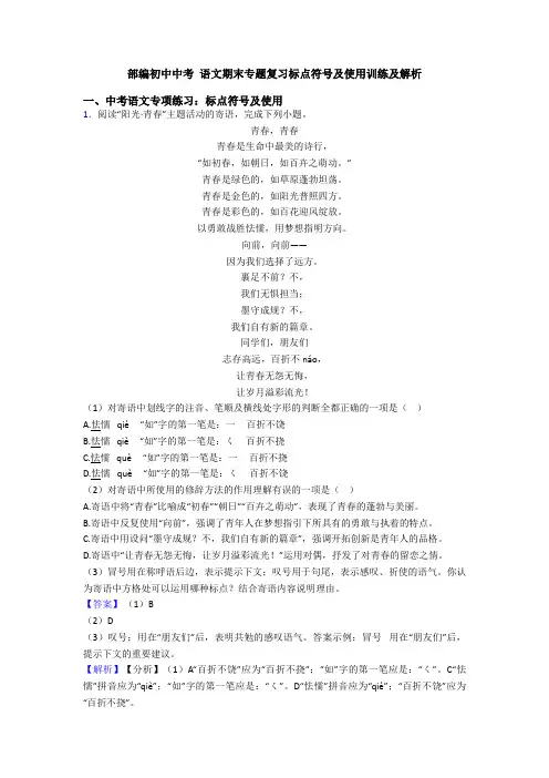 部编初中中考 语文期末专题复习标点符号及使用训练及解析