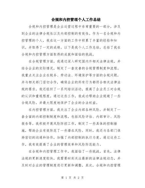 合规和内控管理个人工作总结