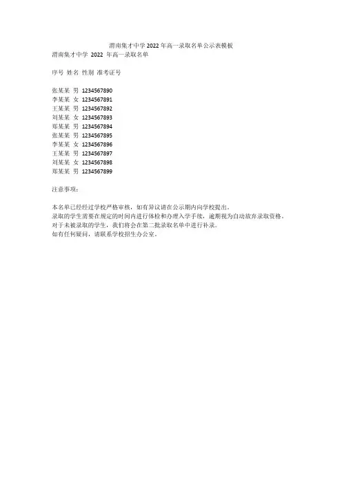渭南集才中学2022年高一录取名单公示表