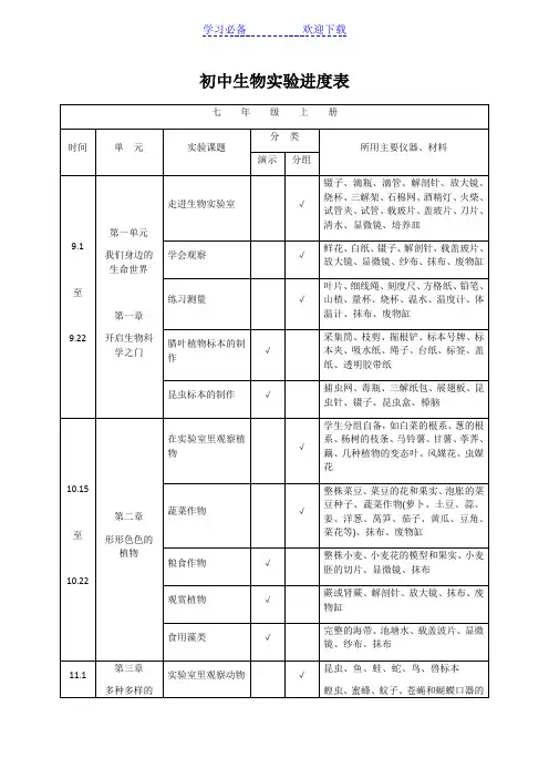 初中生物实验进度表