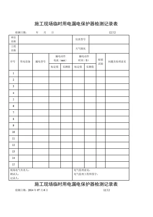 施工现场临时用电漏电保护器检测记录表