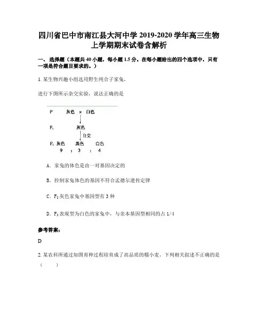 四川省巴中市南江县大河中学2019-2020学年高三生物上学期期末试卷含解析