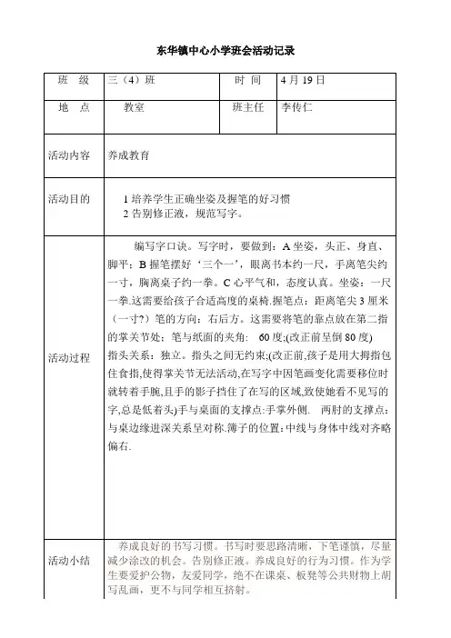主题班会活动记录表 养成教育
