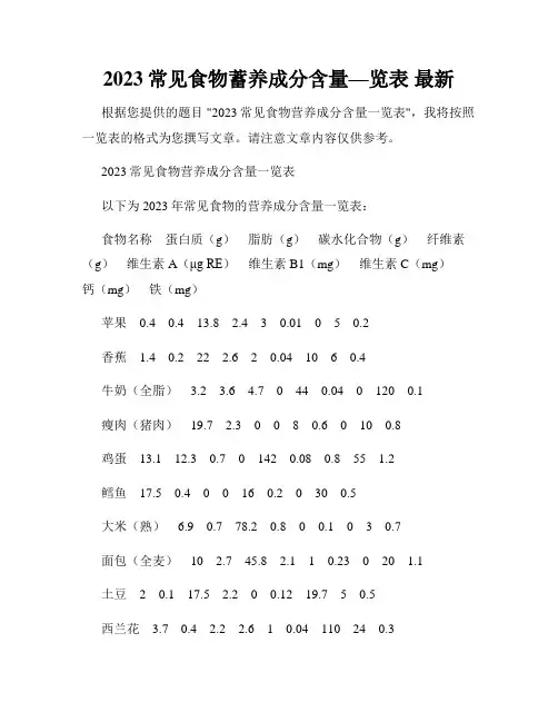 2023常见食物蓄养成分含量—览表 最新