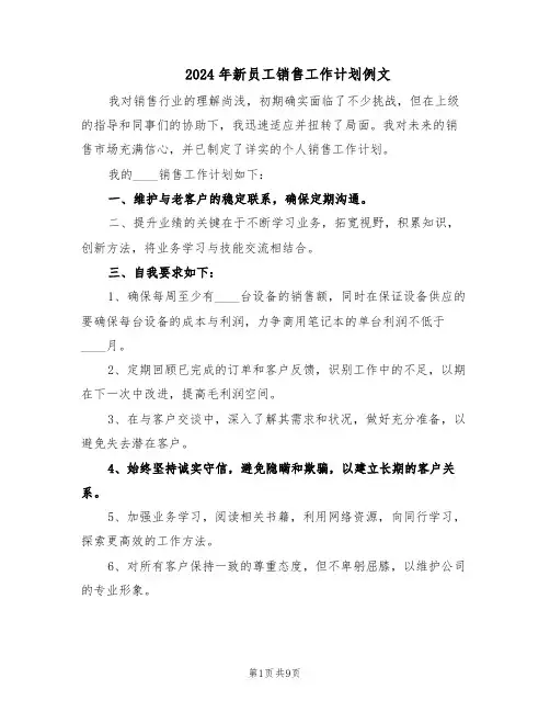 2024年新员工销售工作计划例文（6篇）