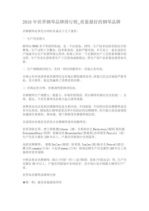 2010年世界钢琴品牌排行榜