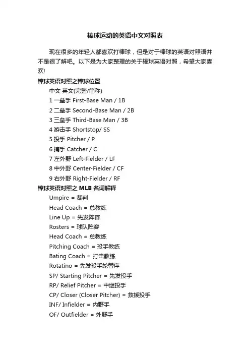棒球运动的英语中文对照表
