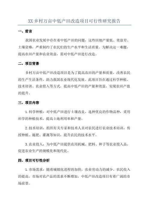 XX乡村万亩中低产田改造项目可行性研究报告