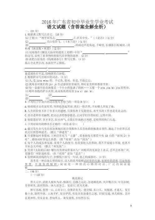 初中毕业生学业考试(中考)语文 2016广东卷(试卷+答案)
